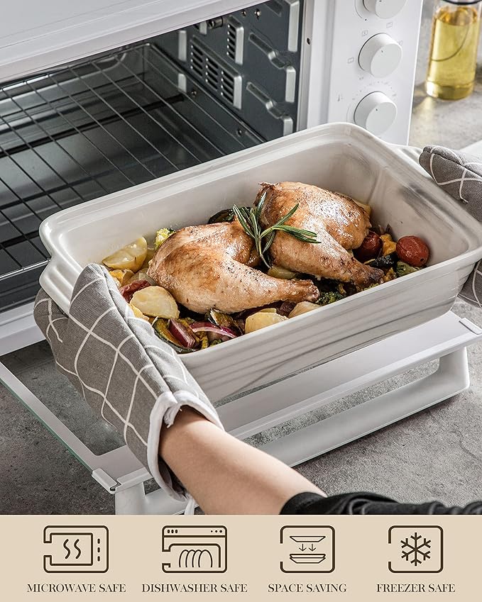 MALACASA Large Casserole Dish with Lid, 4.4 Quart Ceramic Baking Dish for Oven, 13 x 9 Lasagna Pan