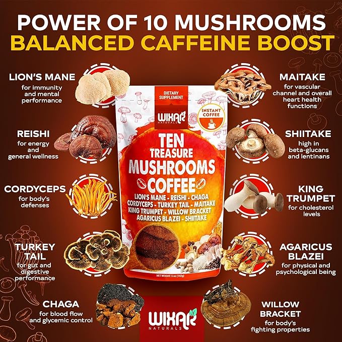 Wixar Mushroom Coffee Blend - Ten Treasure Mushrooms Extract Instant Coffee Powder with Lions Mane