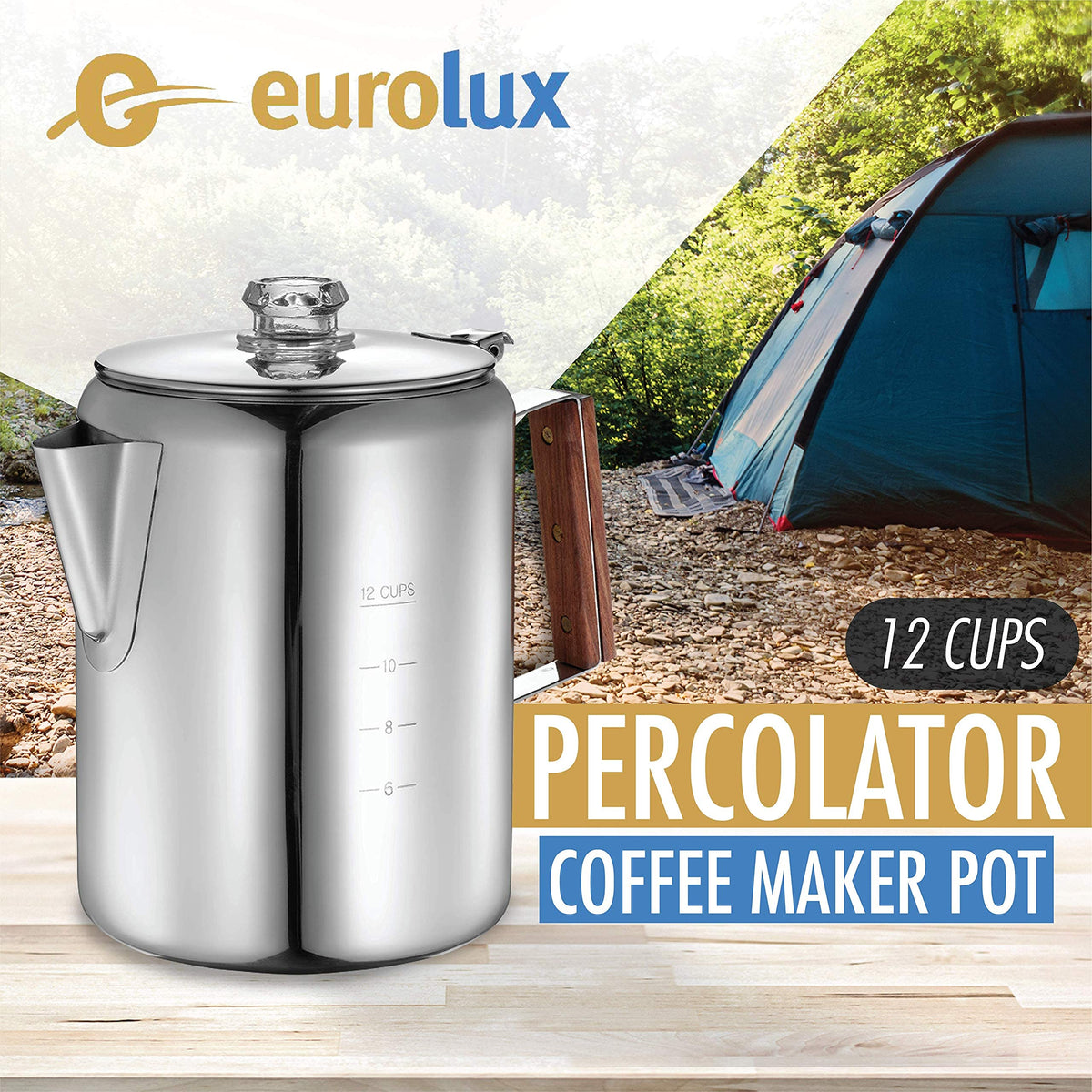 Eurolux Percolator Coffee Maker Pot - 12 Cups | Durable Stainless Steel Material | Brew Coffee On