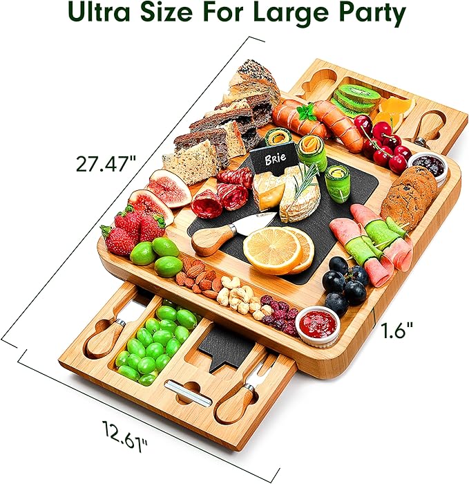 Easoger Large Bamboo Charcuterie Boards, Cheese Platter with 2 Drawers, Serving Knife, 2 Ceramic