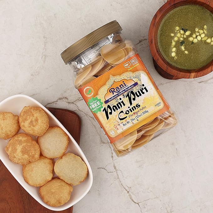 Rani Pani Puri Coins (Uncooked, Microwaveable Wheat Semolina Coins) 32oz (2lbs) 908g w/Pani Puri
