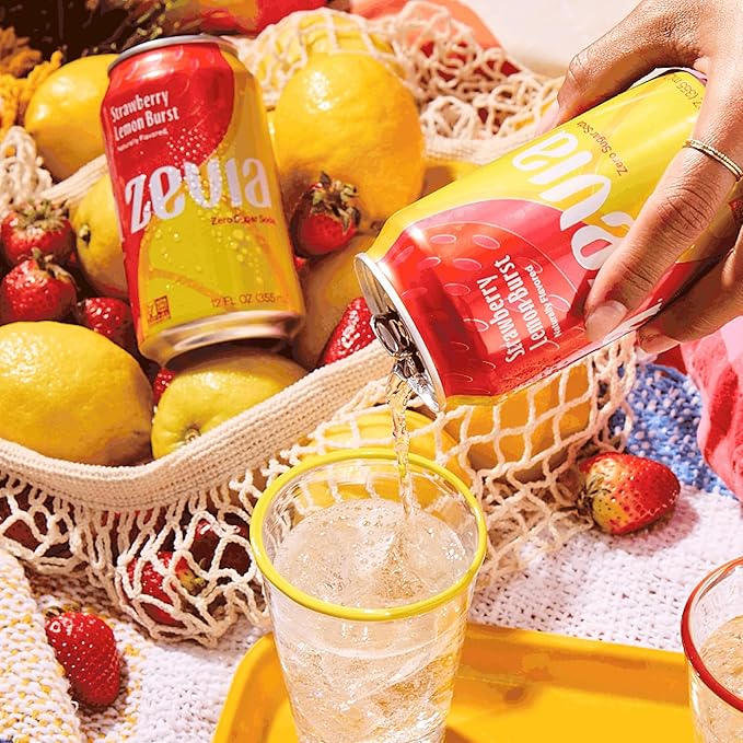 Zevia Zero Sugar Soda, Strawberry Lemon Burst, 12 oz Cans (8-Pack) ??Naturally Sweetened, Zero