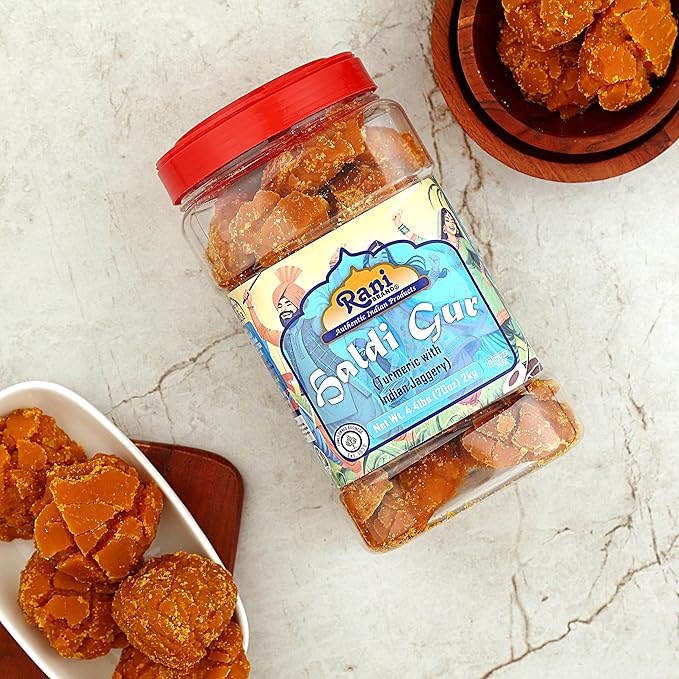 Rani Haldi Gur (Turmeric with Indian Jaggery) Indian Unrefined Raw Cane Sugar 70oz (4.4lbs) 2kg PET
