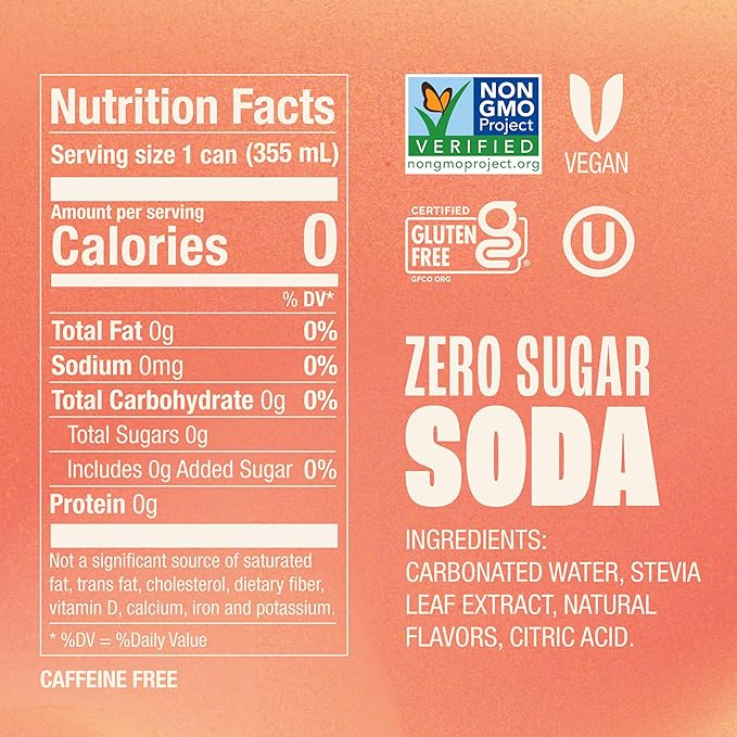 Zevia Zero Sugar Soda, Peaches and Cream, 12 oz Cans (8-Pack) ??Caffeine Free, Naturally Sweetened
