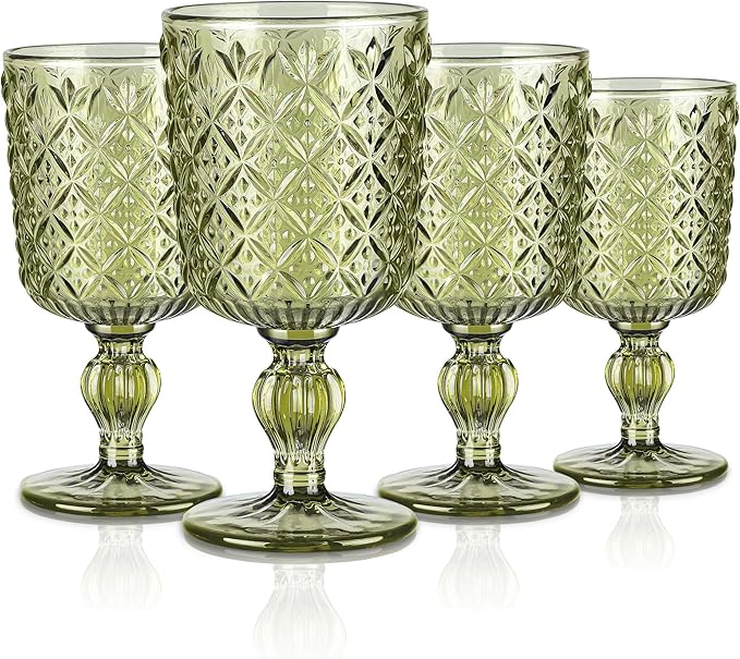 Joeyan Green Vintage Wine Glasses,Water Goblet Glasses,Stemmed Drinking Glasses with Embossed