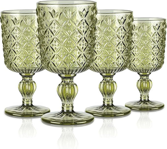 Joeyan Green Vintage Wine Glasses,Water Goblet Glasses,Stemmed Drinking Glasses with Embossed