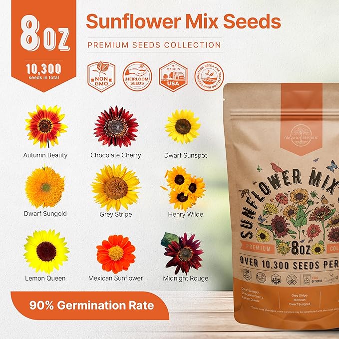 Sunflower Mix Seeds Pack 8 oz - Over 10,300 Non-GMO Heirloom Sunflower Seeds for Planting, Annual