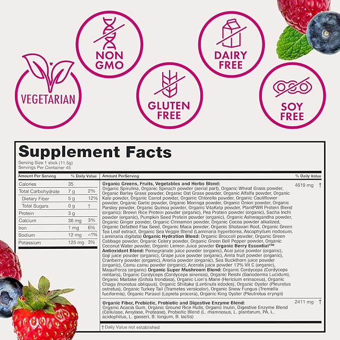 Zena Nutrition Organic Super Greens Powder, 70+ Superfoods, 0 Sugar, 5G Fiber, Spirulina