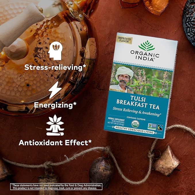 ORGANIC INDIA Tulsi Breakfast Herbal Tea - Black Tea, Holy Basil, Relieve Stress & Energize, USDA