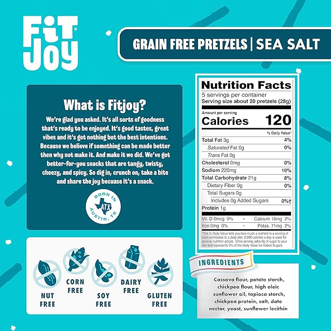 FitJoy Sea Salt Pretzels (Pack of 6, 5 Oz) - Dairy, Nut & Gluten Free Snacks - Grain Free Cassava