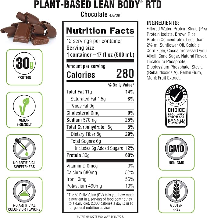 Lean Body Ready-to-Drink, Plant-Based Vegan Chocolate Protein Shake, 30g Protein, No Artificial