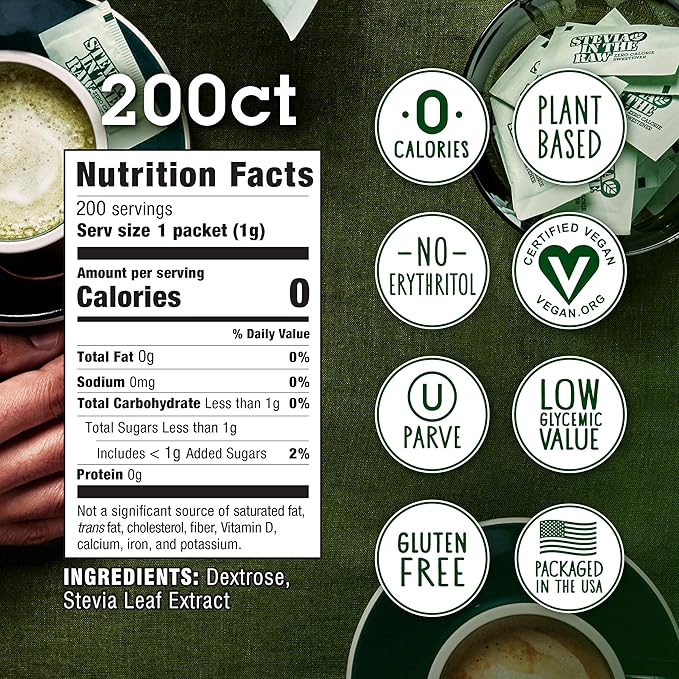 Stevia In The Raw Stevia Sweetener Packets, 200 Ct Box, Zero Calorie Stevia Sugar Substitute