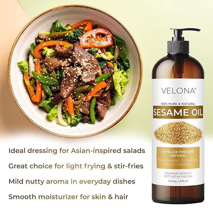 Sesame Seed Oil by Velona - 32 fl oz | 100% Pure and Natural Carrier Oil | Refined, Expeller