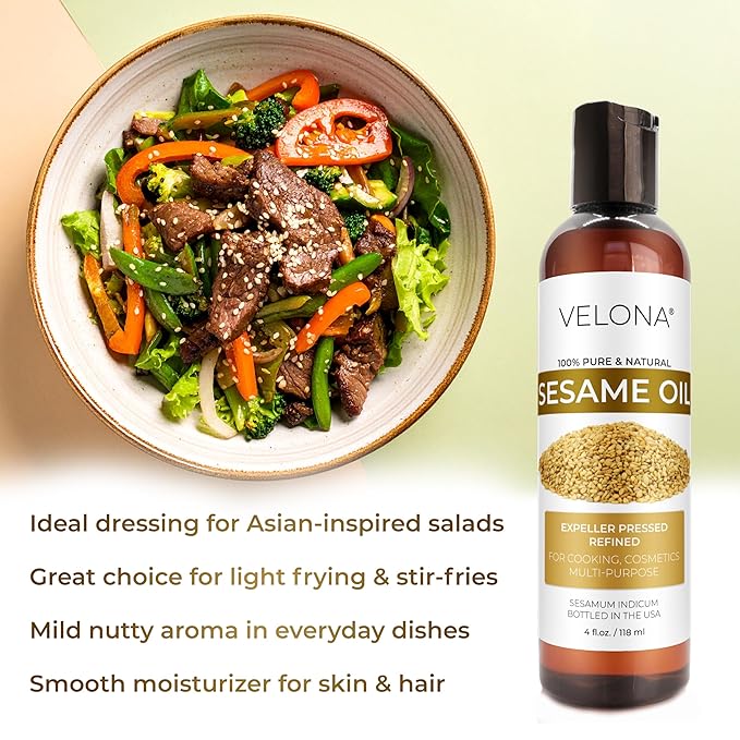 Sesame Seed Oil by Velona - 4 fl oz | 100% Pure and Natural Carrier Oil | Refined, Expeller Pressed