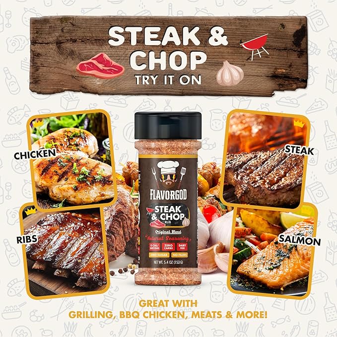 Steak & Chop Rub Seasoning Mix, 2 Bottles by Flavor God - Premium All Natural & Healthy Spice Blend