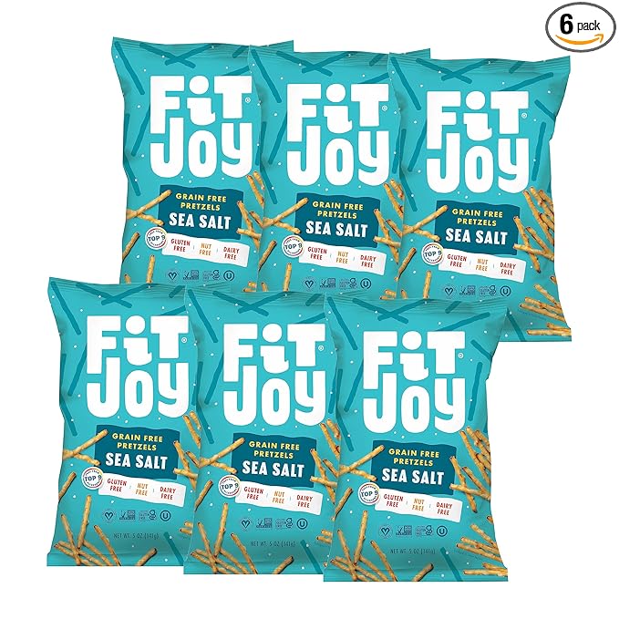FitJoy Sea Salt Pretzels (Pack of 6, 5 Oz) - Dairy, Nut & Gluten Free Snacks - Grain Free Cassava