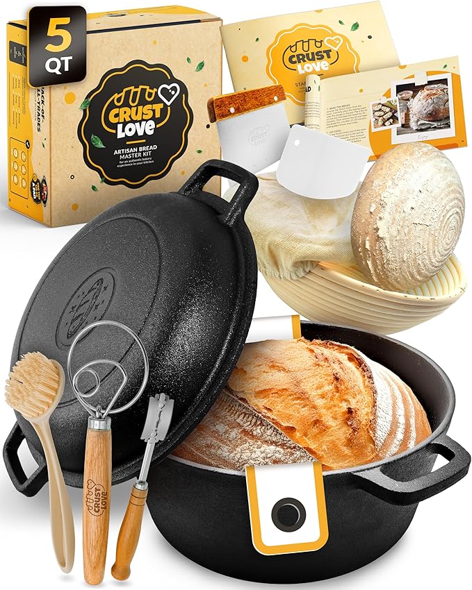 Cast Iron Dutch Oven for Bread Baking - incl. Sourdough Bread-Baking Supplies like Banneton