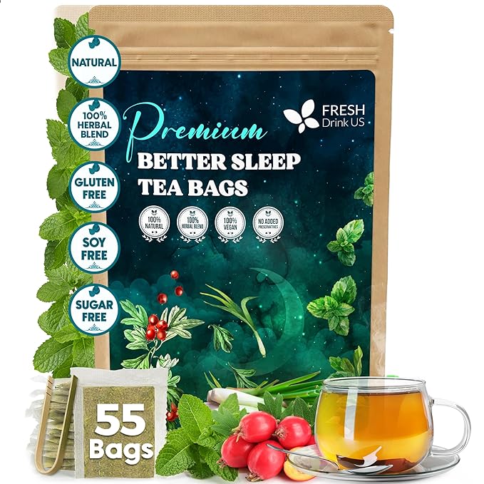 FreshDrinkUS, Premium 55 Tea Bags Better Sleep Herbal Tea | Caffeine-Free Loose Leaf Blend with