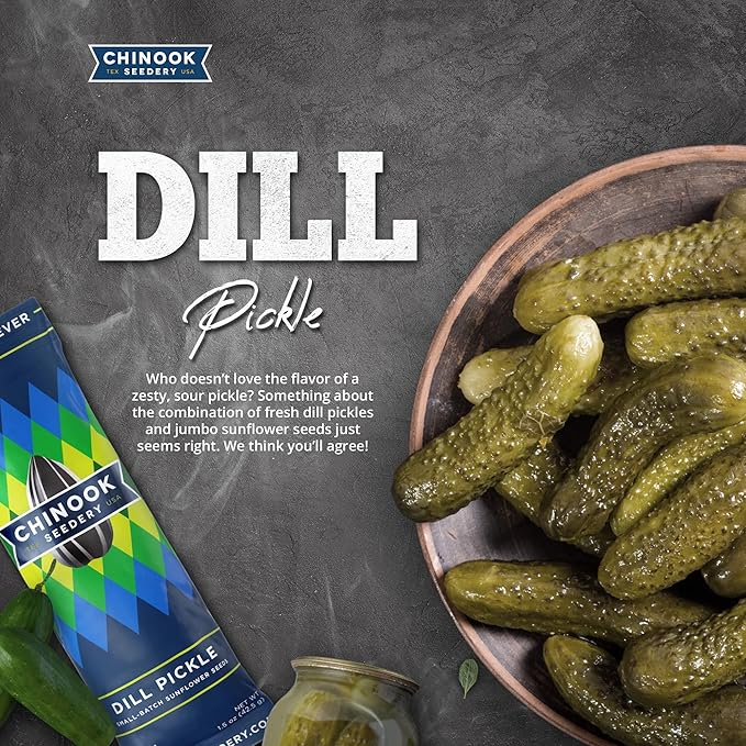 Chinook Seedery Roasted Sunflower Seeds to Eat - 1.5 oz (Pack of 36) Dill Pickle - Jumbo Low Sodium