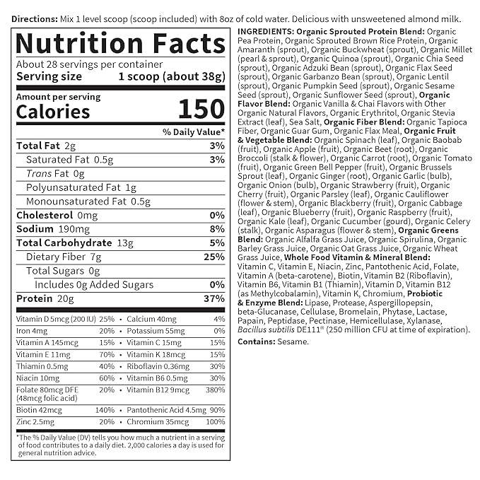 Garden of Life Meal Replacement Shakes, Raw Organic, Vanilla Chai Protein Powder with Plant Based