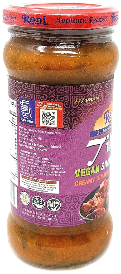 Rani Tikka Curry Vegan Simmer Sauce (Creamy Tomato, Onion & Cilantro) 14oz (400g) Glass Jar ~ Easy