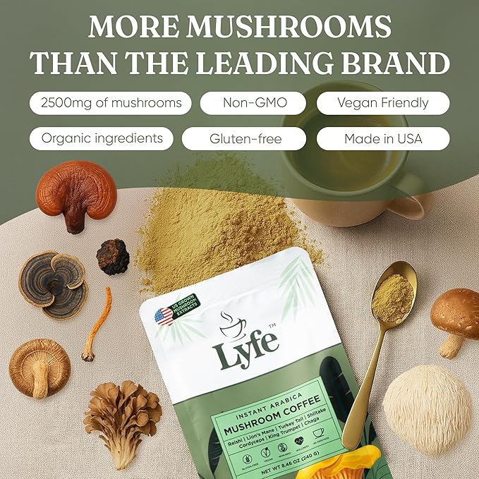 LYFE Organic Instant Mushroom Coffee ??Lion?™s Mane, Chaga, Cordyceps, Turkey Tail | USA Grown