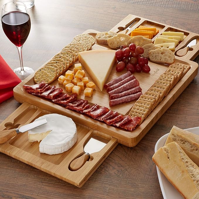 Casafield Bamboo Cheese Board Gift Set, Charcuterie Board Serving Platter with Stainless Steel