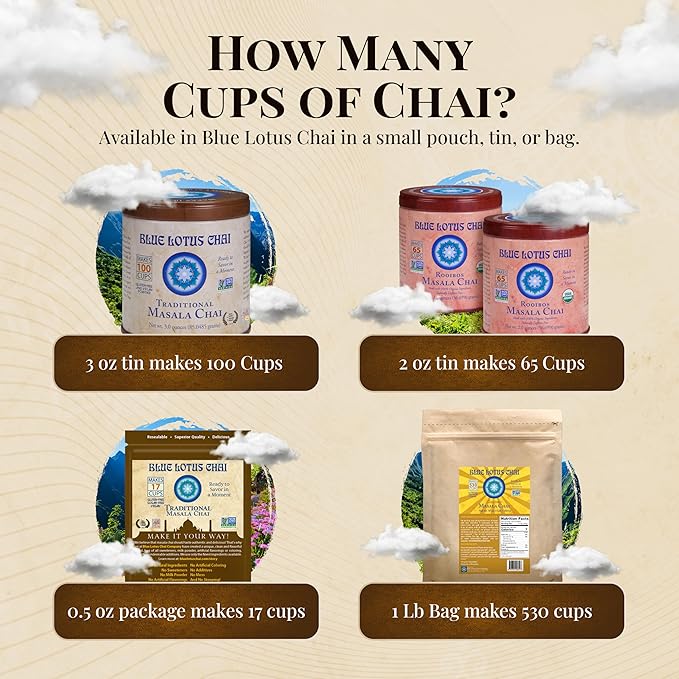 Blue Lotus Chai - Traditional Masala Chai - Makes 17 Cups - 0.5 oz Pouch Masala Spiced Chai Powder
