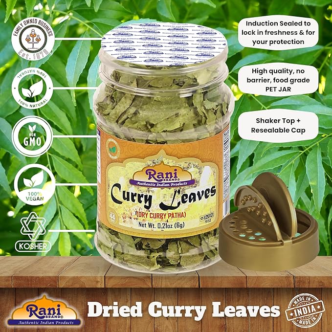 Rani Dried Curry Whole Leaves (Kari Neem Patha) Indian Spice 0.21oz (6g) PET Jar ~ Non-irradiated |
