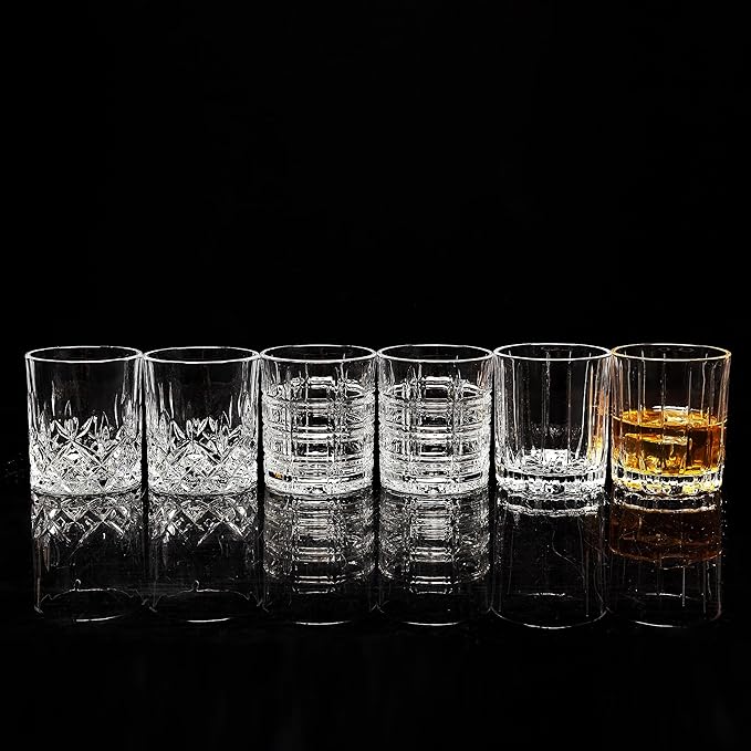 KANARS Whiskey Glasses Mixed, 10 Oz Scotch Glasses Set of 6, Rock Bar Tumblers 3 Patterns in Luxury