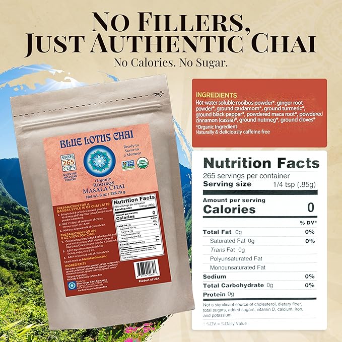 Blue Lotus Chai ??Organic Rooibos Masala Chai - Makes 265 Cups ??Caffeine-Free, No Steeping, No