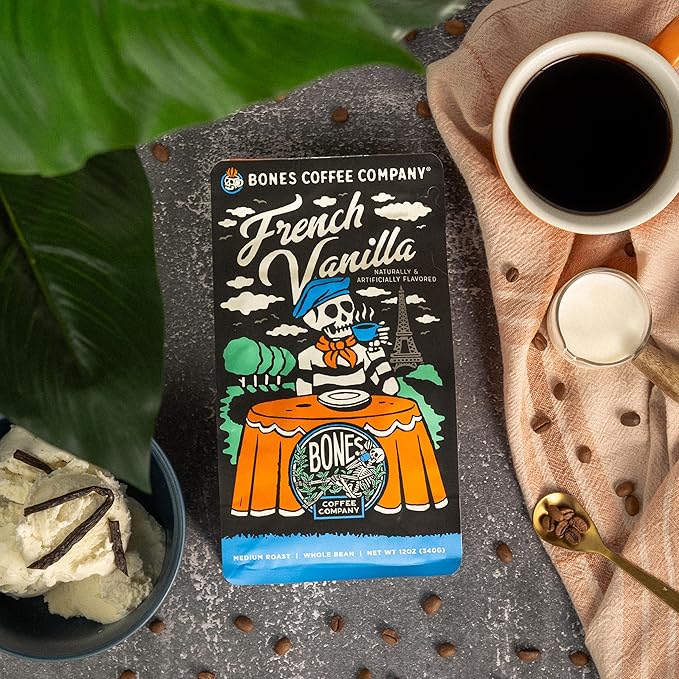 Bones Coffee Company French Vanilla, Creamy Vanilla Flavored Coffee, Medium Roast Low Acid Arabica