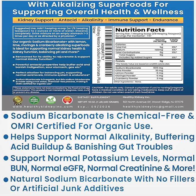 Organic Use Sodium Bicarbonate Alkaline Supplement for Alkalinity. Support Kidneys & Stomach Acid