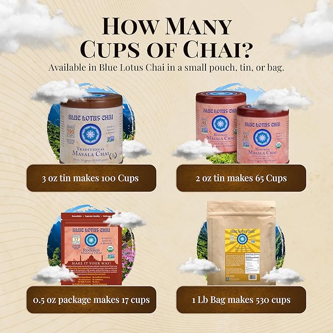 Blue Lotus Chai - Rooibos Masala Chai - Makes 17 Cups - 0.5 oz Pouch Masala Spiced Chai Powder with