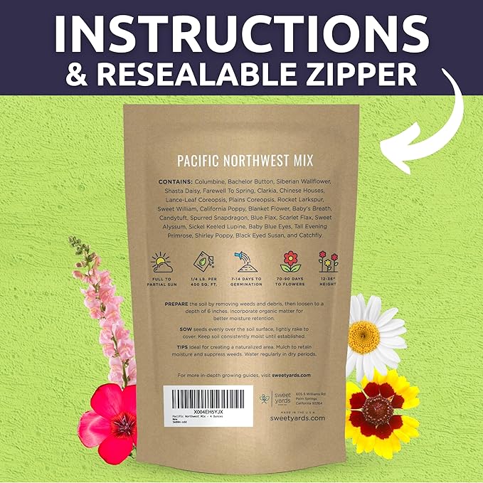 Pacific Northwest Regional Mix - Bulk 1/4 Pound Pouch - 96,000 Flower Seeds for Planting