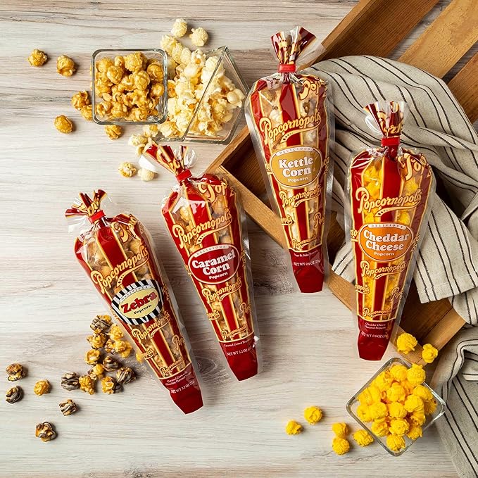 Popcornopolis Gourmet Popcorn Mini Cones Variety Pack ??10 Each of Zebra, Cheddar Cheese, Caramel &