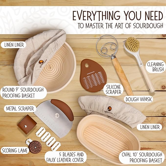 Superbaking Sourdough Proofing Basket Gift Set, Round 9" & Oval 10" Banneton, Sourdough Starter