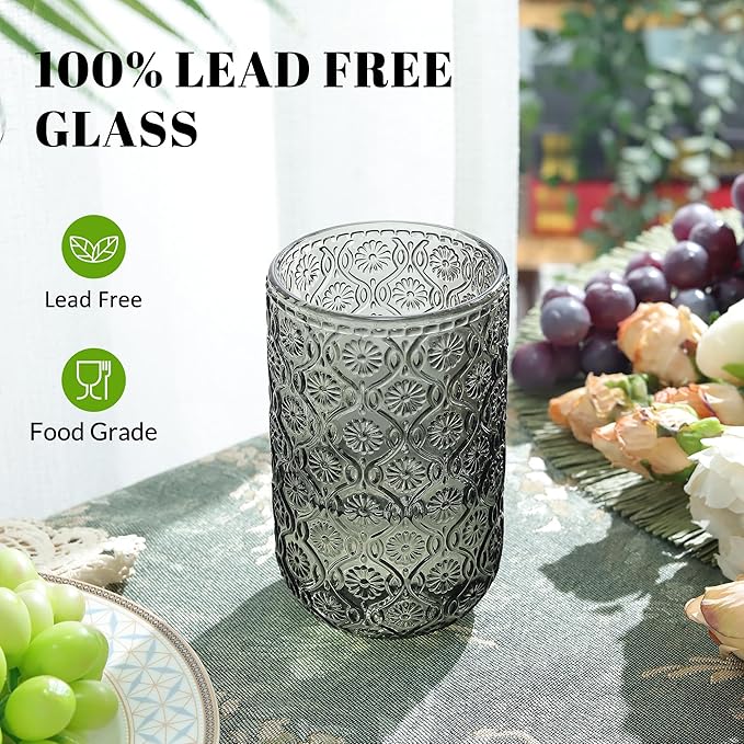 Joeyan Vintage Drinking Glasses,Embossed Floral Highball Glass Water Tumbler,14 oz Colored