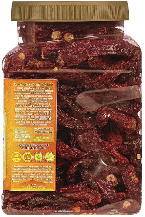 Rani Kashmiri Chilli Whole (Deggi Mirch, Low Heat) 9oz (255g) PET Jar ~ Natural | Salt-Free | Vegan