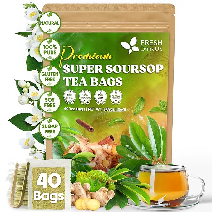 FreshDrinkUS, Super Soursop Herbal Tea ??40 Tea Bags | Soursop, Ginger, Turmeric, Lemongrass