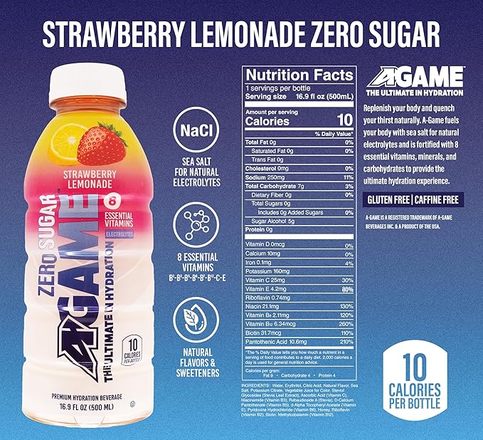 A-Game Zero Sugar Sports Drink, Strawberry Lemonade Zero, Sugar Free Hydration Sports Beverage, 8