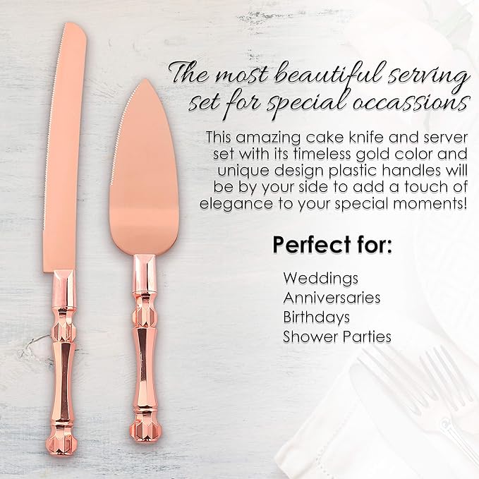 Homi styles Wedding Cake knife and Server Set | Elegant Rose Gold Color Premium 420 Stainless Steel