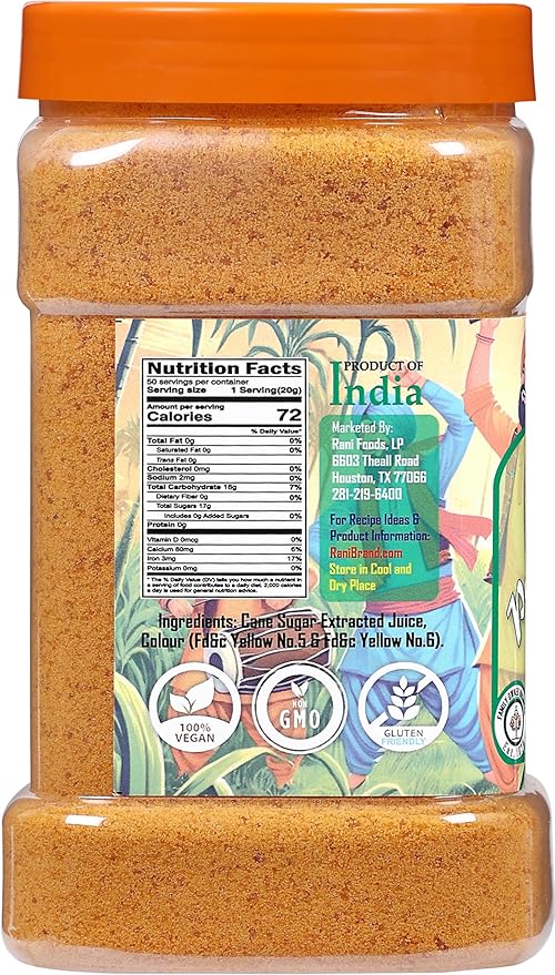 Rani Punjabi Shakkar (Gur Jaggery Powder) Indian Unrefined Raw Cane Sugar 35oz (2.2lbs) 1kg PET Jar