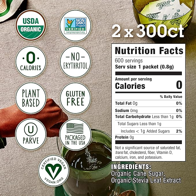 Stevia In The Raw Organic Stevia Sweetener Packets, 300 Ct Box, 2 Pack, Zero Calorie Stevia Sugar