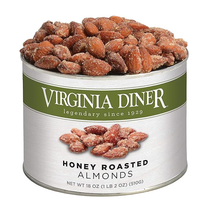 Virginia Diner Premium Natural Honey Roasted Almonds, Sweet & Salty Gourmet Snack in Gift Tin 1.12