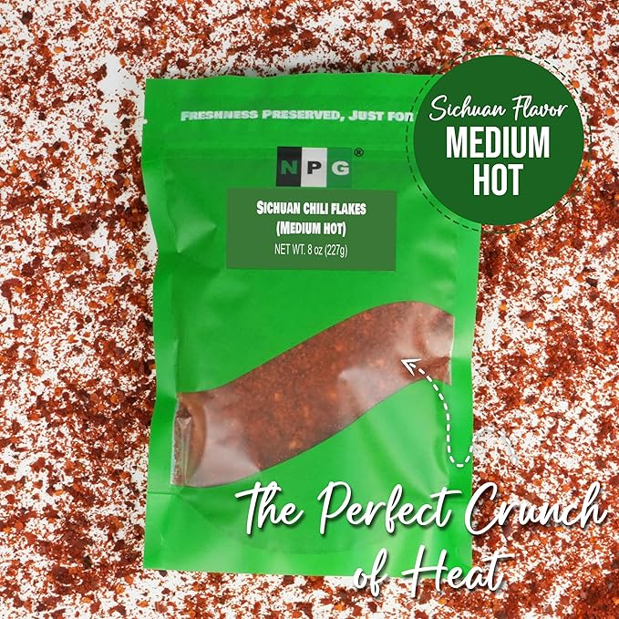 NPG Authentic Sichuan Chili Flakes 8 Ounces, Medium Hot, Szechuan Crushed Red Pepper Flakes Bulk