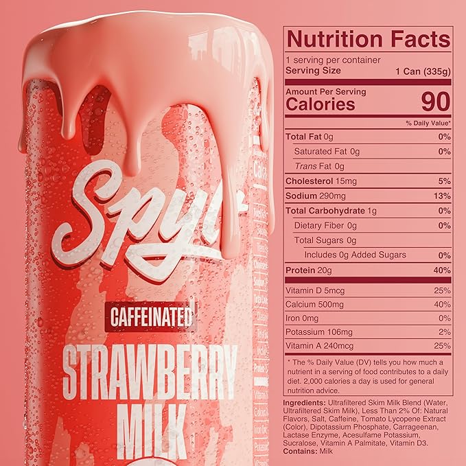 High Protein Strawberry Milk with 60mg Caffeine & 20g Protein - 90 Calories, Ready to Drink, Sugar