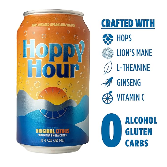 Hoppy Hour Sparkling Hop Water, Non-Alcoholic and Adaptogens Drink, Zero Sugar and Calories