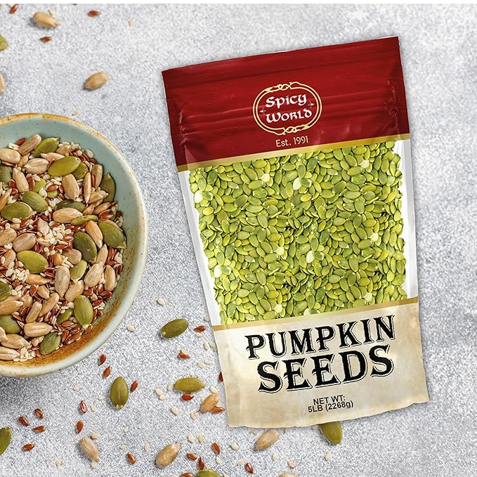Raw Pumpkin Seeds 5 LB Jumbo Bag - Shelled, AAA Grade, Unsalted, Dry, Vegan, Bulk Bag by Spicy World