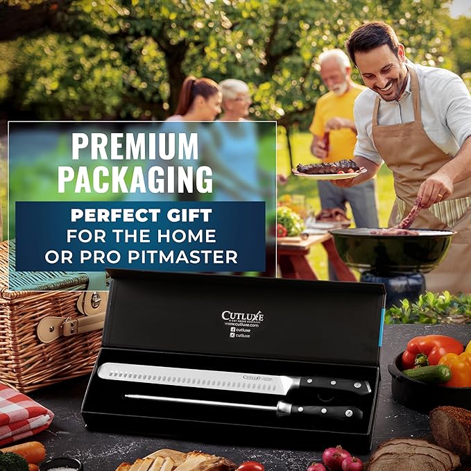 Cutluxe BBQ Knife Carving Set – 12" Brisket Knife & 10" Honing Rod, Butcher Knife Set for Meat